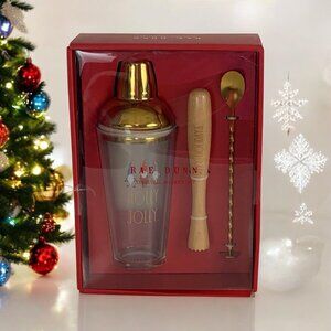 Rae Dunn Cocktail Shaker Glass Set Glass Holly Jolly Fold Christmas NEW